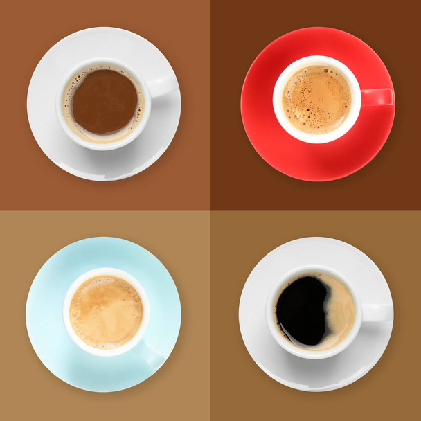 Cups of hot aromatic coffee on different color backgrounds, top view. Collage - Foto, Bild