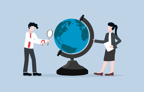 Exploring new location for investment, increasing customer base, or expanding business concept. Businesswoman and businessman try to pin investment base location on mock globe. - Vector, Image