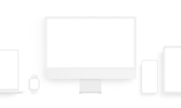 Dispositivos de arcilla Mockups con pantallas en blanco. Monitor de ordenador, Ordenador portátil, Tableta, Teléfono, Reloj. Ilustración vectorial - Vector, imagen