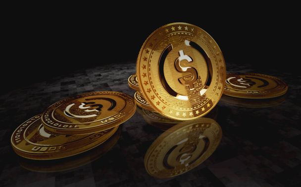 USDC USD pièce stablecoin pièce d'or crypto-monnaie sur fond d'écran vert. Concept abstrait Illustration 3D. - Photo, image