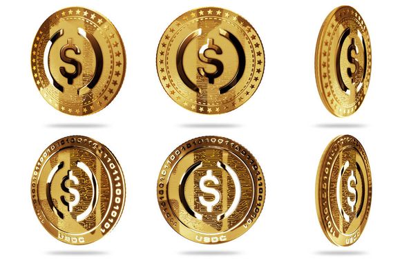 USDC USD Coin stablecoin criptomoeda moeda de ouro isolado no fundo tela verde. Conceito abstrato ilustração 3d. - Foto, Imagem