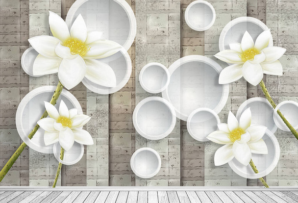 3d wallpaper white flower 3d circle and background for interior - Photo, Image