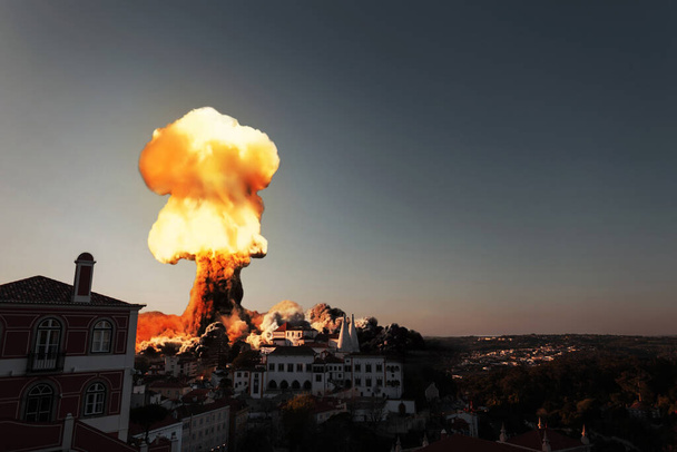 Atomic explosion in the city. World War 3. Explosion of a hydrogen bomb with a nuclear mushroom. Modern Weapons of Mass Destruction - Photo, image
