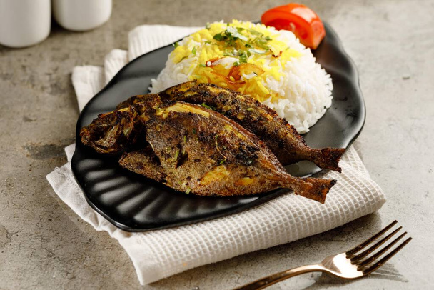 Safi Fish met witte rijst geserveerd in een schotel geïsoleerd op grijze achtergrond bekijken fastfood - Foto, afbeelding
