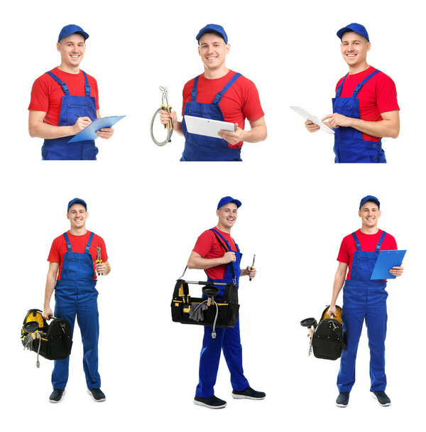 Collage with photos of plumber on white background - Valokuva, kuva