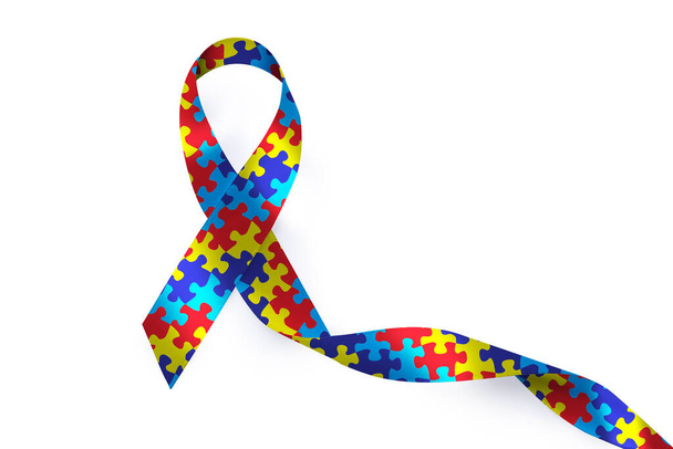 World Autism Awareness Day. Colorful puzzle ribbon on white background, top view - Foto, imagen