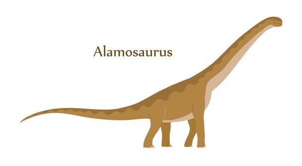 Gran alamosaurio con cuello y cola largos. Herbívoro dinosaurio saurópodo del período Jurásico. Lagarto prehistórico. Ilustración de dibujos animados vectoriales aislados sobre un fondo blanco - Vector, imagen