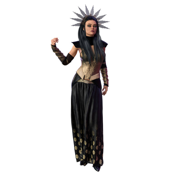 Dark Queen Warrior Žena s pozvednutou rukou s kovovou korunou, 3D ilustrace, 3D vykreslování - Fotografie, Obrázek