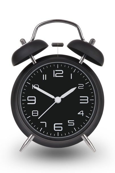 Black alarm clock with the hands at 10 and 2 am or pm isolated on a white background - Foto, Imagem