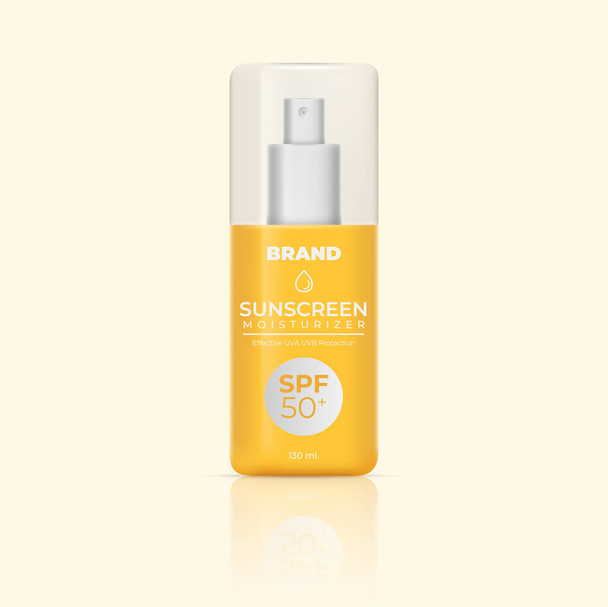 Sunscreen and sunblock spray. Realistic 3d sun protection cosmetics. Summer skincare beauty product. Cosmetic packaging mockup design template. Vector illustration - Vector, Image