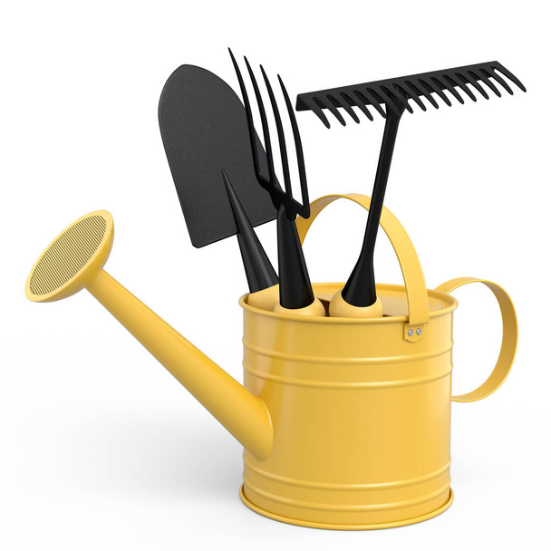 Watering can with garden tools like shovel, rake and fork on white background. 3d render concept of horticulture and farming supplies - Foto, Bild
