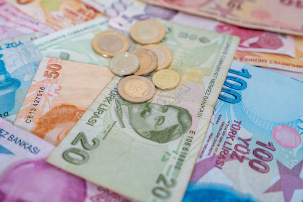 Various Turkish Lira Banknotes And Coins.  Turkish Money - Fotografie, Obrázek
