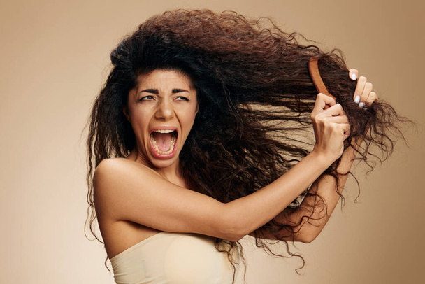 HAIR LOSS. TANGLED HAIR CONCEPT. Screaming suffering irritated awesome curly Latin lady with hairbrush combing hair posing isolated on pastel beige background, look aside. Copy space, cool offer - Photo, Image