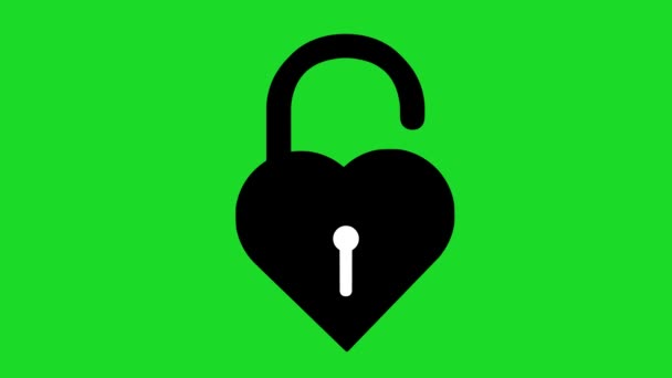 Εικονίδιο βρόχου κίνησης ενός λουκέτου σε σχήμα ανοίγματος καρδιάς, σε πράσινο φόντο χρωμίου κλειδιού - Πλάνα, βίντεο