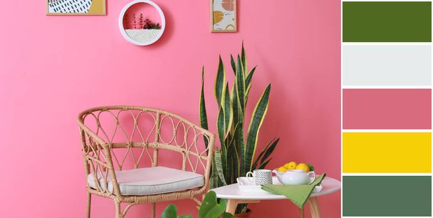 Comfortable wicker chair, table and houseplant near pink wall in room. Different color patterns - 写真・画像