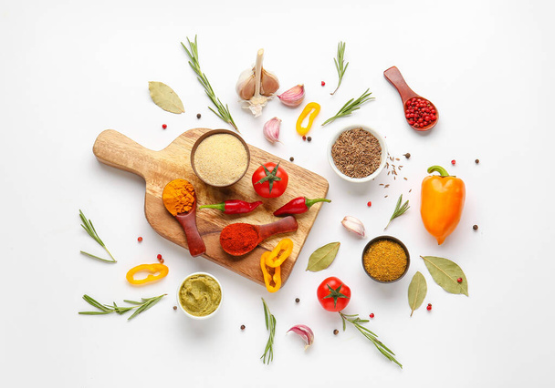 Composition with fresh spices and vegetables isolated on white background - Foto, Imagen