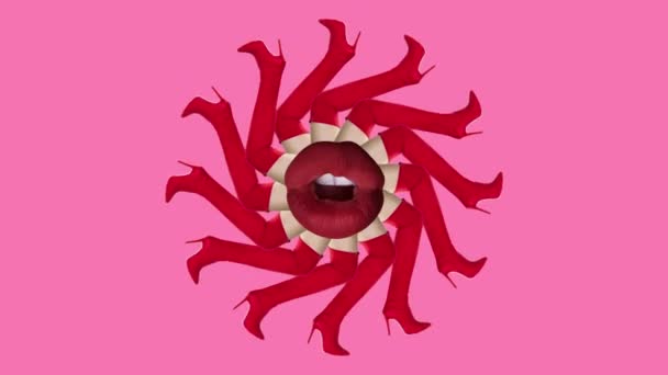 Ausgeschnittene rote Stiefeletten mit hohen Absätzen, die zu einem hypnotischen kreisförmigen Muster mit roten Lippen in der Mitte werden.  - Filmmaterial, Video