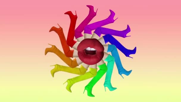 Vystřihněte barevné vysoké podpatky z hypnotického kruhového vzoru s červenými rty uprostřed  - Záběry, video