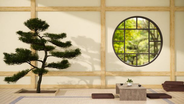 畳の床、丸窓、盆栽の木に伝統的な日本のラウンジテーブルと伝統的な禅のスタイルで自宅のリビングルームのインテリアデザイン。3Dレンダリング、 3Dイラスト - 写真・画像