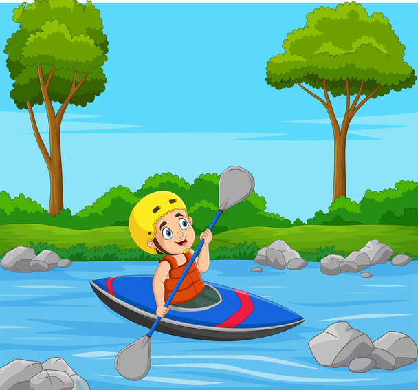 Vektorová ilustrace kresleného chlapečka veslujícího na člunu - Vektor, obrázek