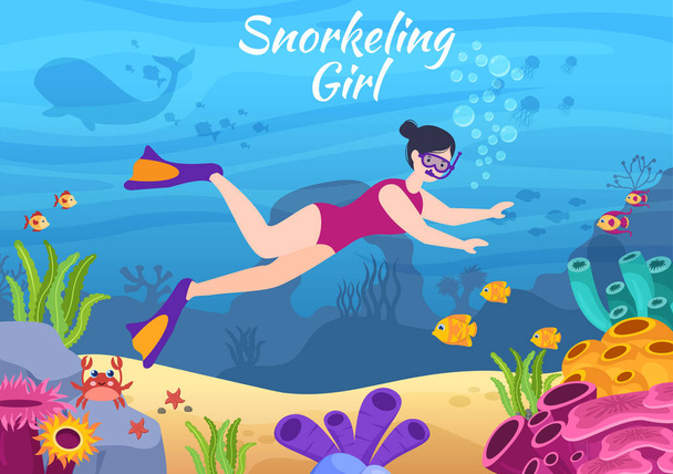 Snorkeling Menina com Natação Subaquática Explorando Mar, Recife de Coral ou Peixe no Oceano em Plano Cartoon Vector Ilustração - Vetor, Imagem