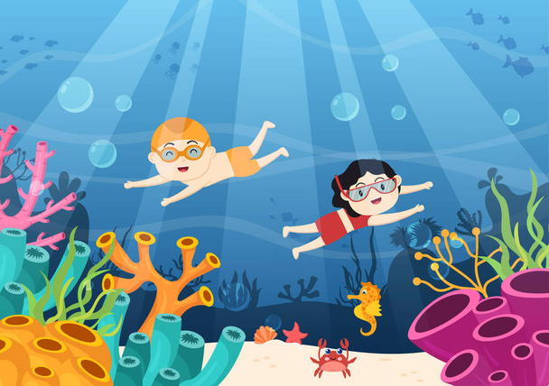 Gyerekek búvárkodás víz alatti úszás Fedezze fel a tenger, a korallzátony vagy a halak az óceánban lapos rajzfilm vektor illusztráció - Vektor, kép