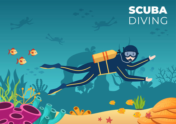 Scuba Diving with Underwater Swimming Equipment for Exploring Coral Reef, Sea Flora and Fauna or Fish in the Ocean in Flat Cartoon Vector Illustration - Vector, Image
