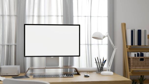 Moderno hogar brillante oficina lugar de trabajo diseño interior con PC ordenador de escritorio pantalla blanca maqueta, lámpara de mesa y accesorios en la mesa de madera. representación 3d, ilustración 3d - Foto, imagen