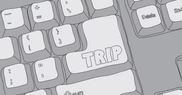Computer Toetsenbord met tekst van de reis. Close-up van een elektronisch computerapparaatonderdeel, toetsenbord. - Video