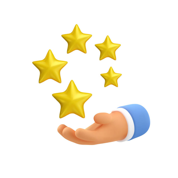 3d review icon. Vector gold positive customer experience illustration isolated on white background. Online feedback concept, hand hold five stars - Vector, Image