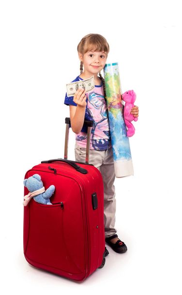 girl and big red suitcase isolated on white background - Fotó, kép