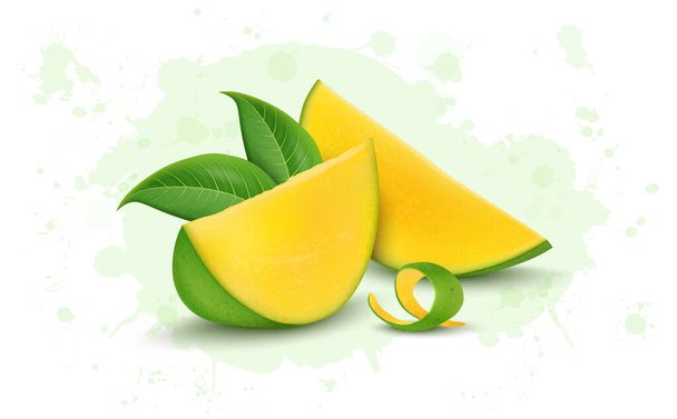 Taze taze mango meyvesi ve yeşil arka planda mango dilimleri. - Vektör, Görsel