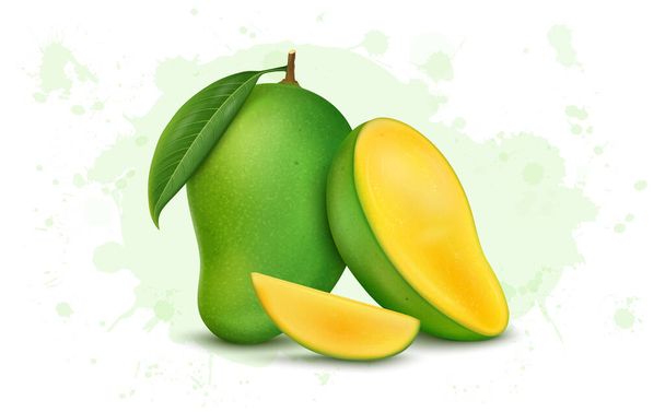 Taze taze mango meyvesi ve yeşil arka planda mango dilimleri. - Vektör, Görsel