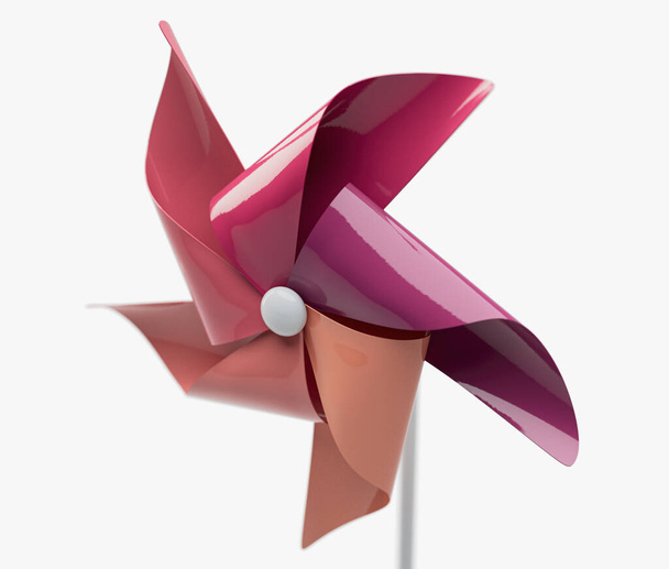 Um moinho de vento de pinwheel de brinquedo regular com palhetas de plástico coloridas em um pau em um fundo isolado renderização 3D - Foto, Imagem