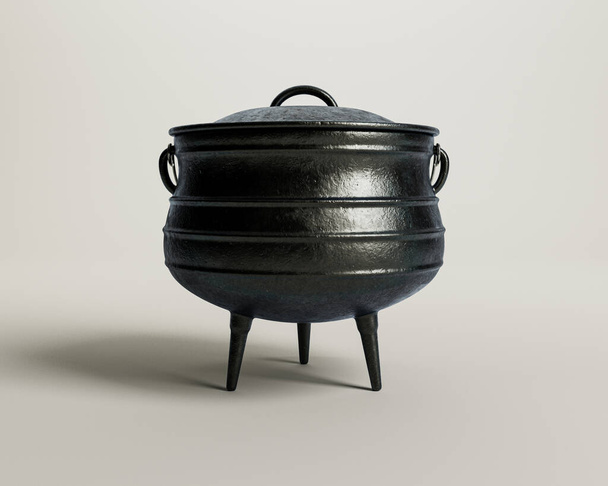 A regular cast iron potjie and lid on an isolated white studio background - 3D render - 写真・画像