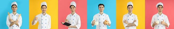 Photo collage of young man chef on color backgrounds - Photo, Image
