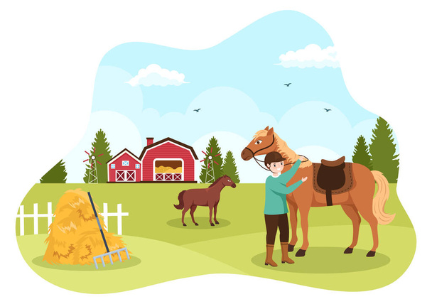 Equitazione Cartoon Illustrazione con Carino Personaggio Praticare Cavallo o Equitazione Sport nel campo verde - Vettoriali, immagini