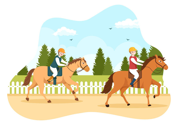 Ilustración de dibujos animados de carreras de caballos con personajes que hacen campeonatos deportivos de competición o deportes ecuestres en el hipódromo - Vector, Imagen