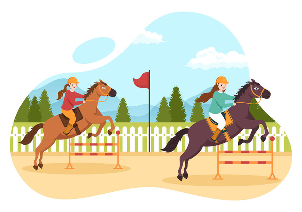 Pferderennen Cartoon Illustration mit Charakteren Menschen, die Wettkampfsport-Meisterschaften oder Pferdesport in der Rennbahn - Vektor, Bild