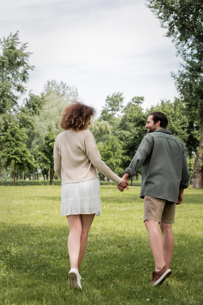 back view of curly woman in dress and man in summer clothes holding hands in park - Фото, зображення