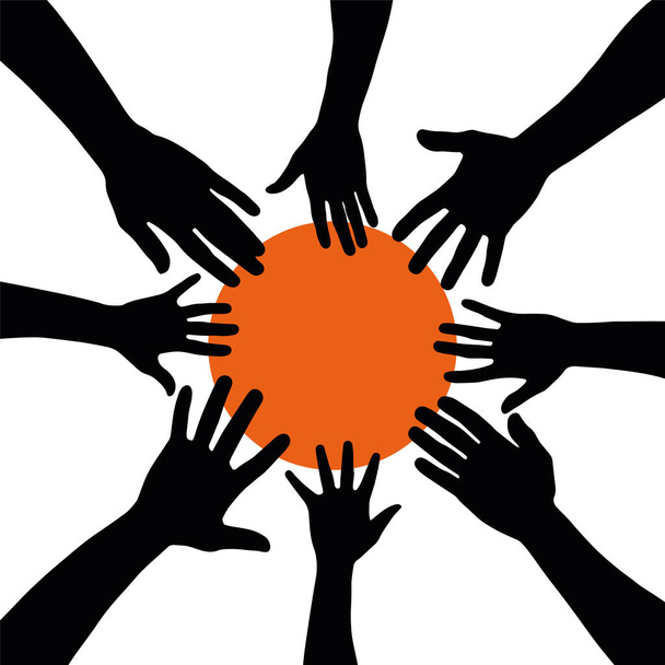Grupo de personas reuniendo las manos con círculo naranja en el centro como sol, silueta vectorial, con espacio de copia, concepto de amistad, equipo, juntos y diversidad, vista superior silueta de recolección de manos - Vector, imagen