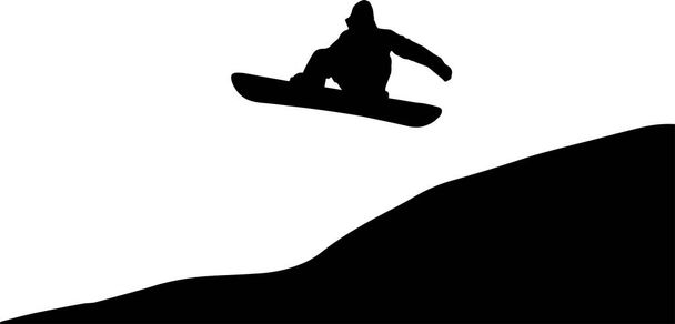 Snowboarder sautant à travers la silhouette vectorielle du ciel, ski en hiver, silhouette snowboard, couleur noire isolée sur fond blanc, idée de sport - Vecteur, image