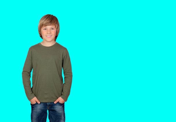 Full length portrait of a boy in khaki t-shirt isolated on a color background  - Foto, immagini