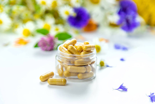 Homeopatía y suplementos dietéticos de hierbas medicinales. Enfoque selectivo. Naturaleza. - Foto, imagen