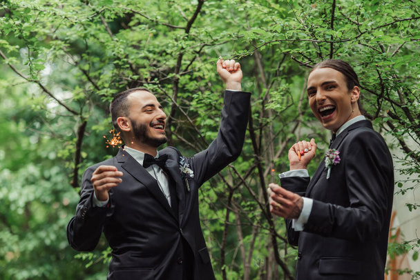 amazed gay couple in formal wear holding sparklers in green park on wedding day - Foto, Imagen