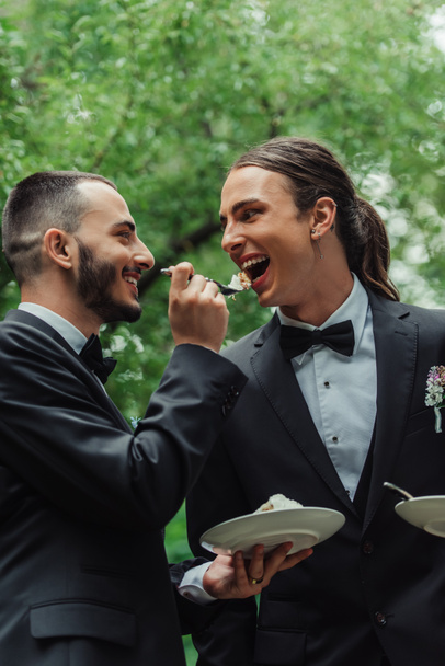 bearded cheerful gay man in formal wear feeding husband with wedding cake - Fotó, kép