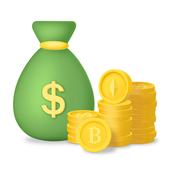 Τσάντα χρημάτων 3d καθιστούν εικονίδιο με cryptocurrency στοίβα νομισμάτων. Σωρός ρεαλιστικών 3d νομίσματα, ψηφιακό νόμισμα, εξόρυξη. Χρήματα που κερδίζουν επιχειρηματική ιδέα για τη χρηματοδότηση, τις επενδύσεις, online πληρωμές. Διάνυσμα. - Διάνυσμα, εικόνα