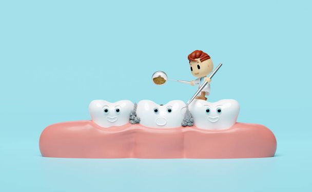 3d миниатюрный мультяшный персонаж стоматолог с зеркалом стоматолога, зубной щеткой, деснами, зубной коренной зуб, проверка кариеса, стоматологическое обследование стоматолога, здоровье белых зубов, уход за полостью рта 3d  - Фото, изображение