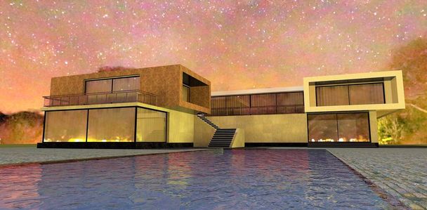 Nachtansicht eines modernen High-Tech-Hauses. Romantisch wirkt das Gebäude vor dem Hintergrund funkelnder Sterne. 3D-Darstellung. Für Verkäufer teurer Immobilien wird es interessant. - Foto, Bild