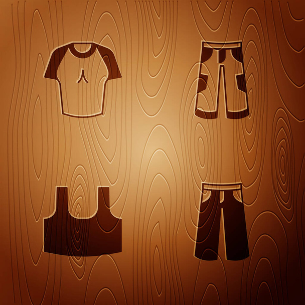 Conjunto Calças, T-shirt, Undershirt e em fundo de madeira. Vetor - Vetor, Imagem